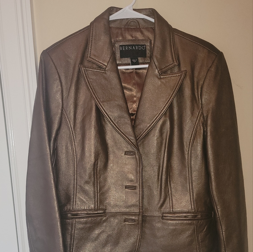 Bernardo Metallic Bronze Gold Genuine Leather Blazer Coat Jacket